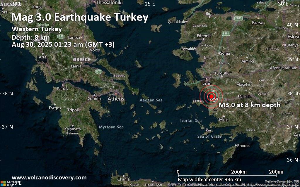 Magnitude 3.0 earthquake strikes near Kusadasi, Aydin, Turkey