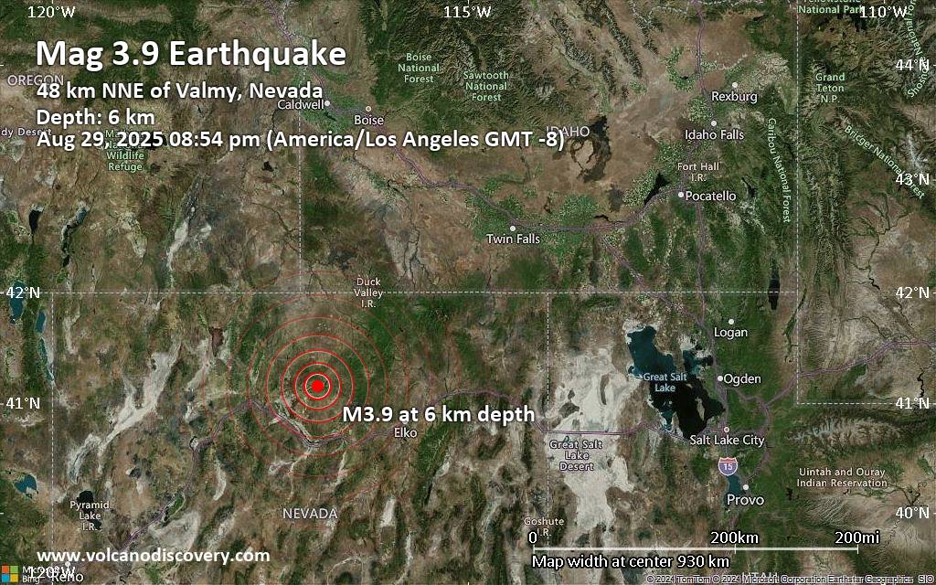 Magnitude 3.9 earthquake strikes near Elko, Elko County, Nevada, USA