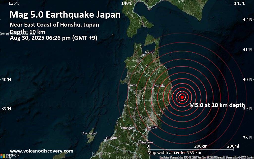 Significant 5.0 quake hits near Miyako, Miyako Shi, Iwate, Japan