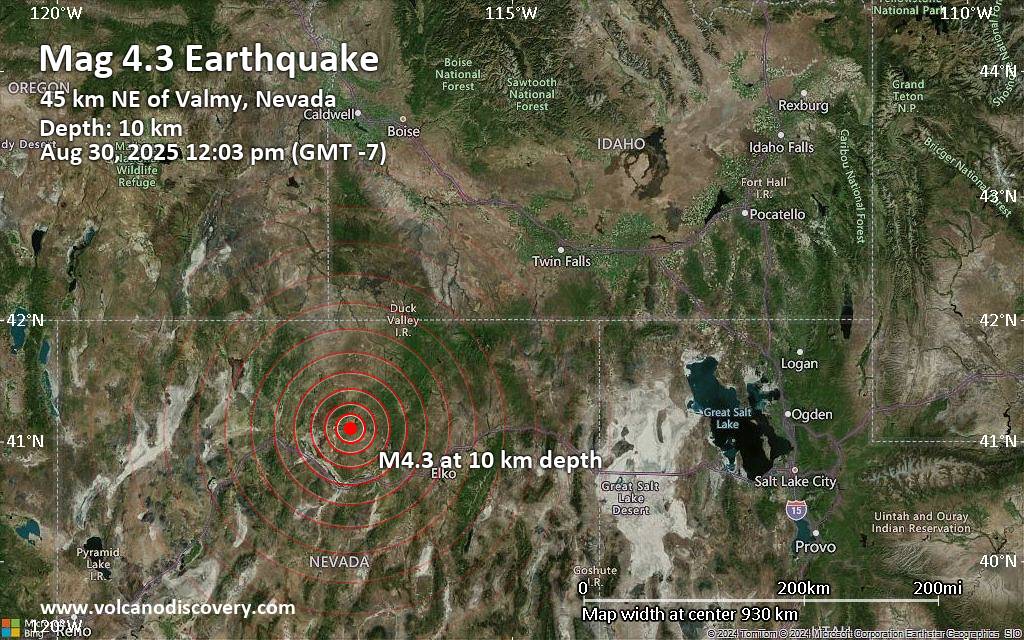 Moderate tremor of magnitude 4.3 just reported 56 miles northwest of Elko, Nevada, United States