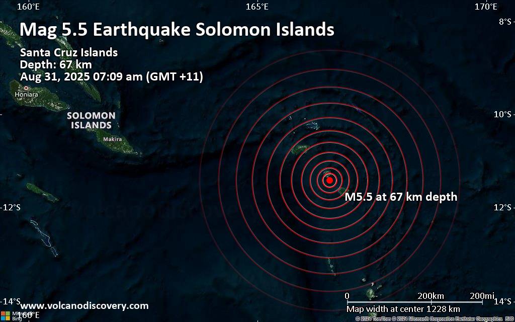 Significant magnitude 5.5 earthquake 114 km southeast of Lata, Solomon Islands