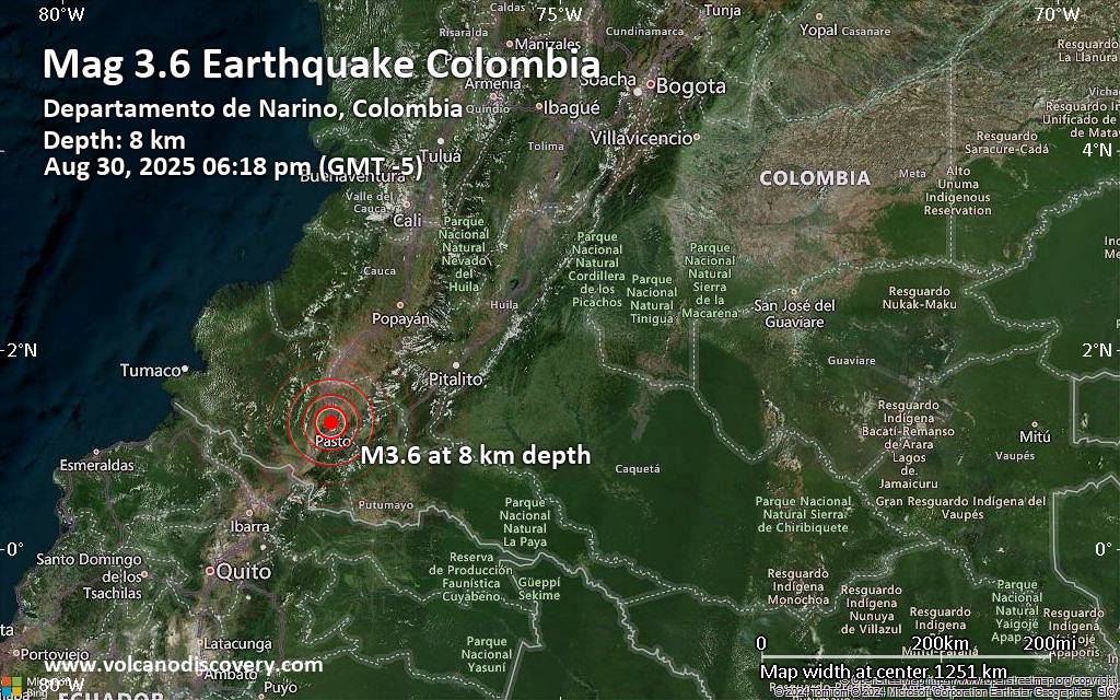 Small magnitude 3.6 quake hits 6 km northwest of Pasto, Colombia early evening