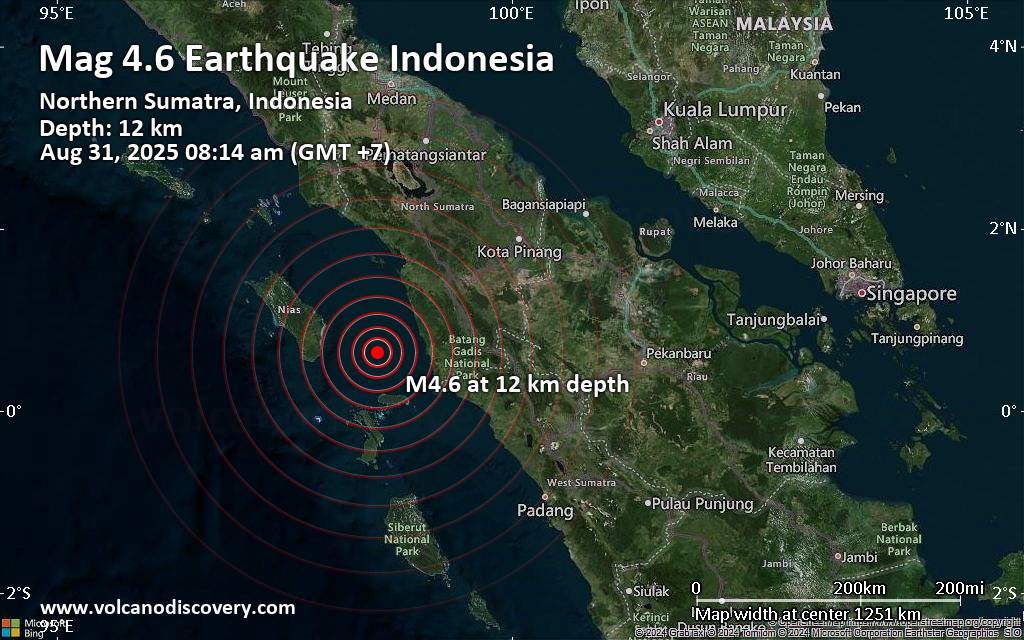 Moderate earthquake of magnitude 4.6 just reported 80 km east of Teluk Dalam, Indonesia