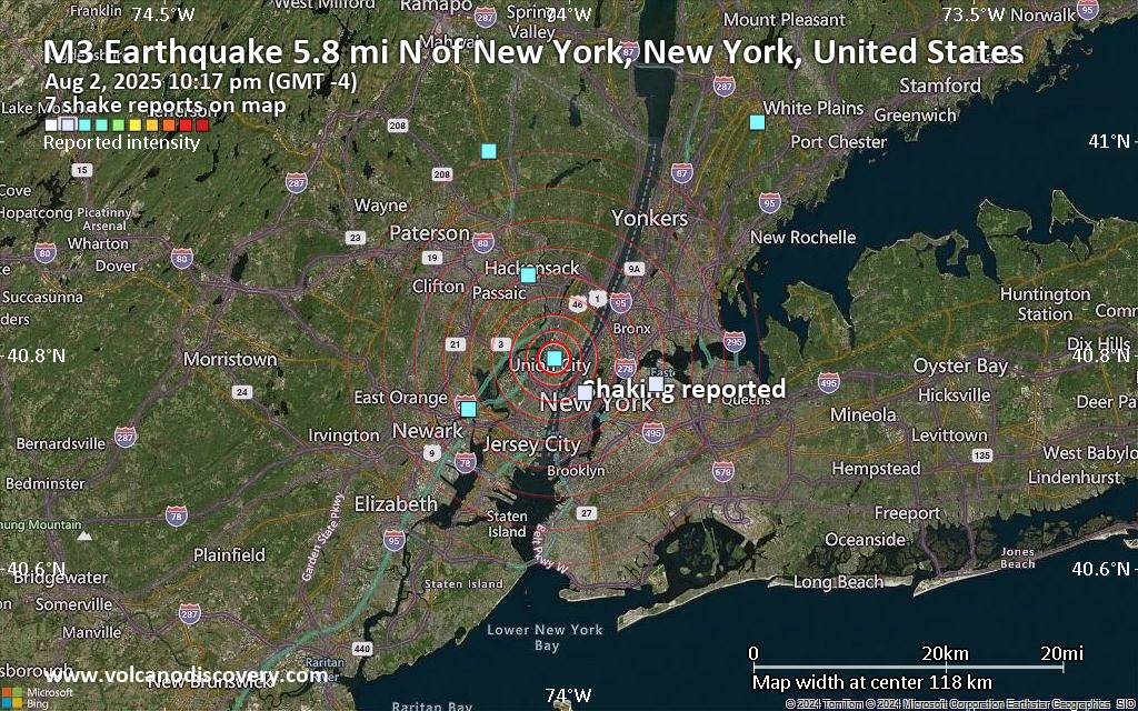 Unconfirmed earthquake or seismic-like event: 5.8 mi north of New York, New York, United States, 4 minutes ago