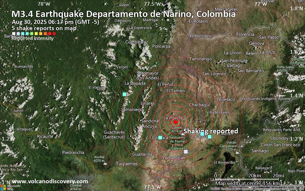Seismic-like event, possible earthquake, reported about 10 minutes ago near Pasto, Nariño, Colombia