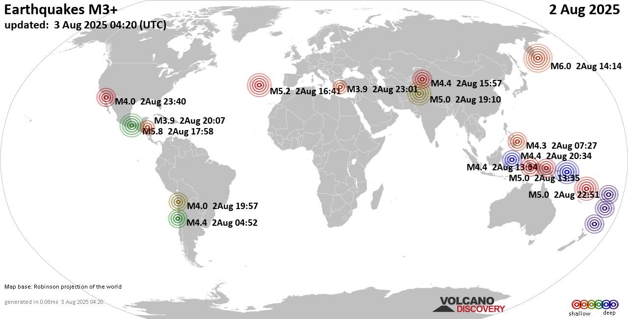 Worldwide earthquakes above magnitude 3 during the past 24 hours on  3 Aug 2025