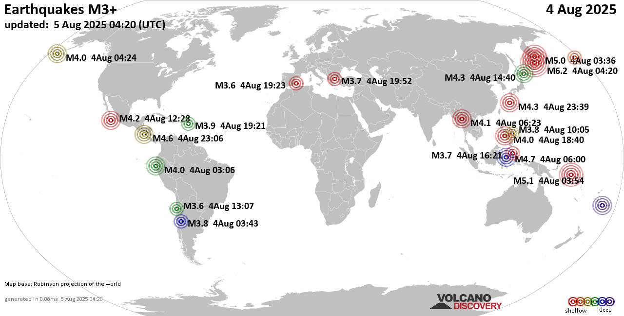 Worldwide earthquakes above magnitude 3 during the past 24 hours on  5 Aug 2025