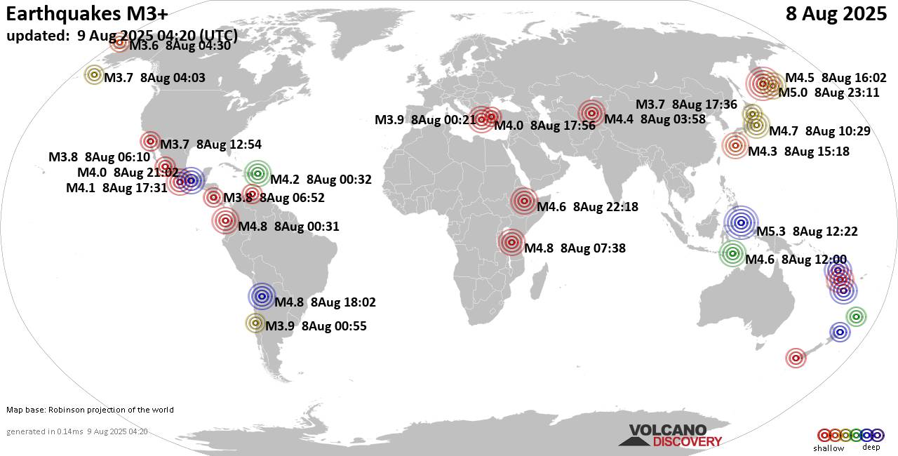 World Earthquake Report for Friday, 8 August 2025