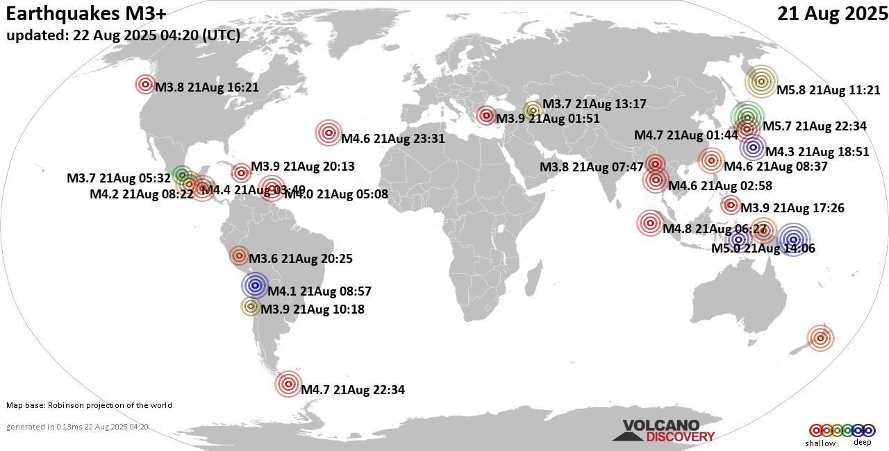 World Earthquake Report for Thursday, 21 August 2025