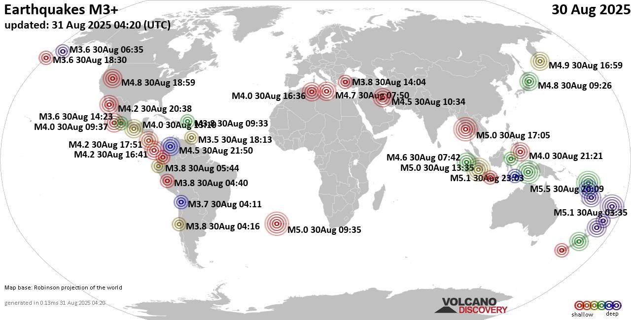 World Earthquake Report for Saturday, 30 August 2025