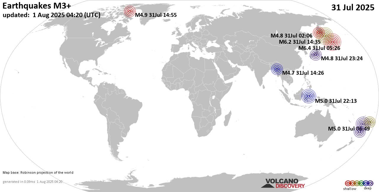 World Earthquake Report for Thursday, 31 July 2025