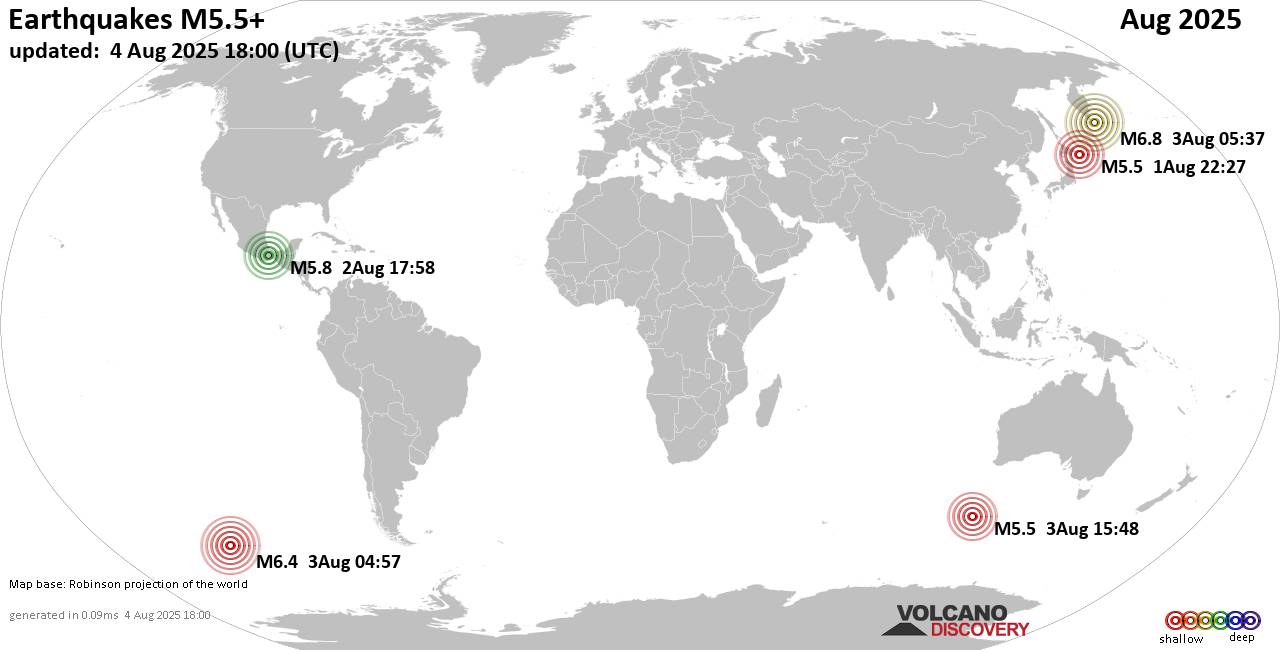 Worldwide earthquakes above magnitude 5.5 during August 2025