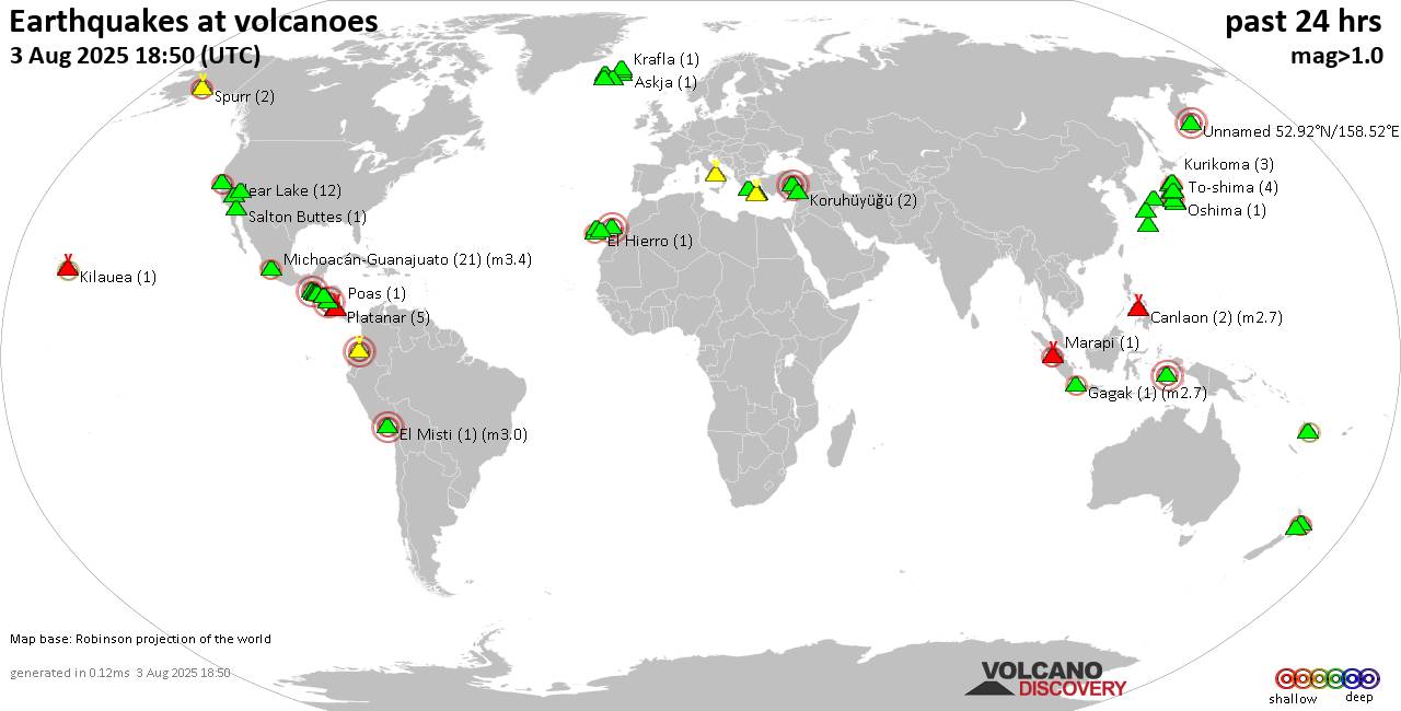 World map showing volcanoes with shallow (less than 50 km) earthquakes within 20 km radius  during the past 24 hours on  3 Aug 2025 Number in brackets indicate nr of quakes.