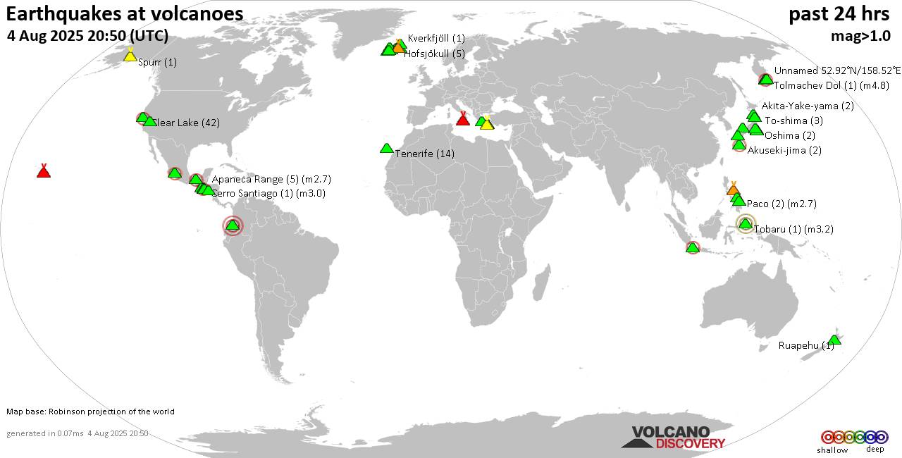 World map showing volcanoes with shallow (less than 50 km) earthquakes within 20 km radius  during the past 24 hours on  4 Aug 2025 Number in brackets indicate nr of quakes.