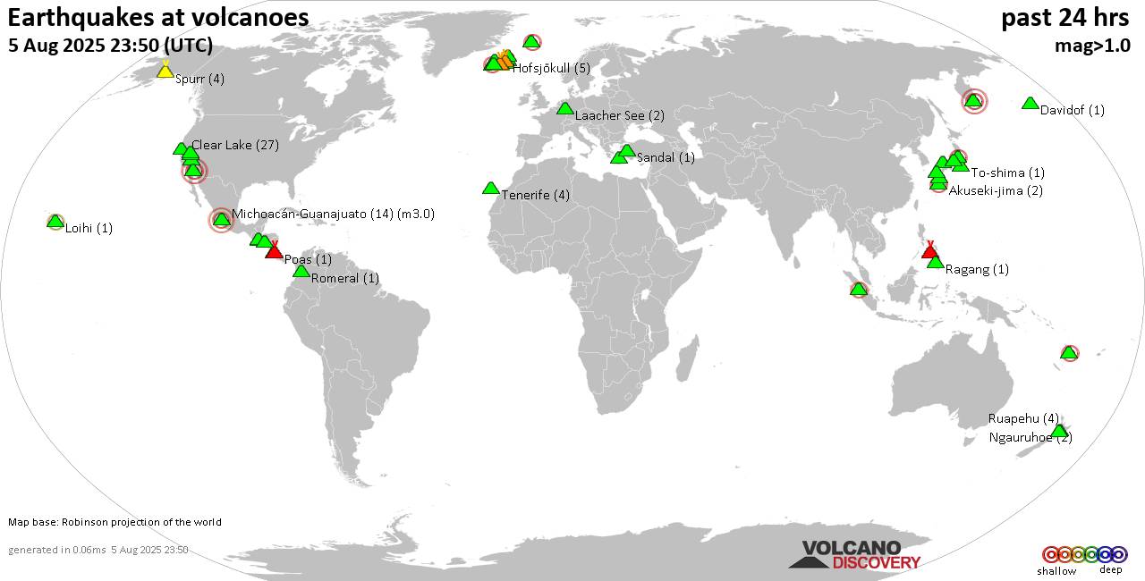 World map showing volcanoes with shallow (less than 50 km) earthquakes within 20 km radius  during the past 24 hours on  5 Aug 2025 Number in brackets indicate nr of quakes.