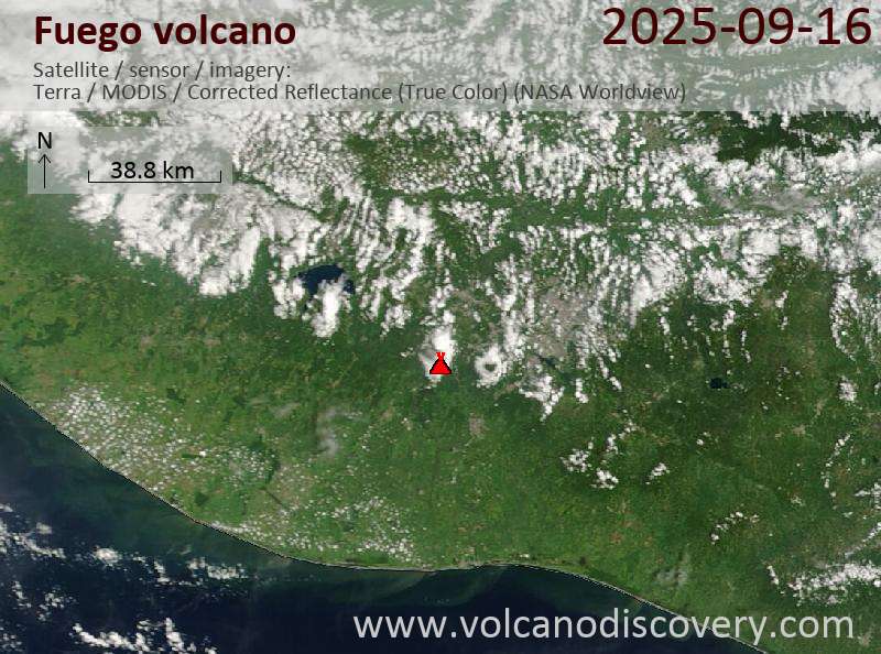 Satellite image of Fuego volcano on 16 Sep 2025