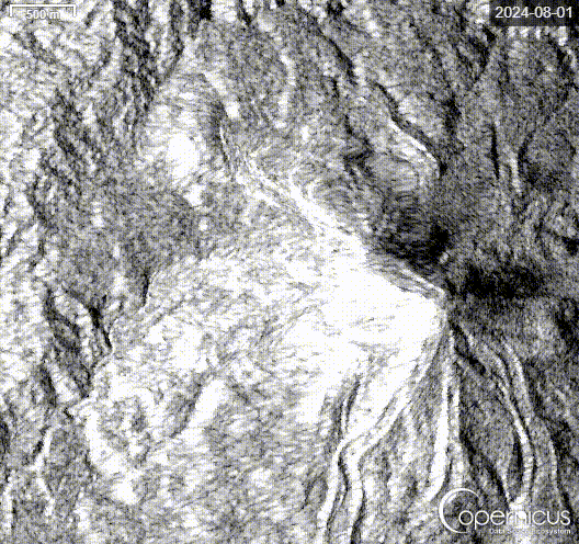 The SAR animation of advancing lava flows at Bagana since August 2024 (image: Sentinel-1)