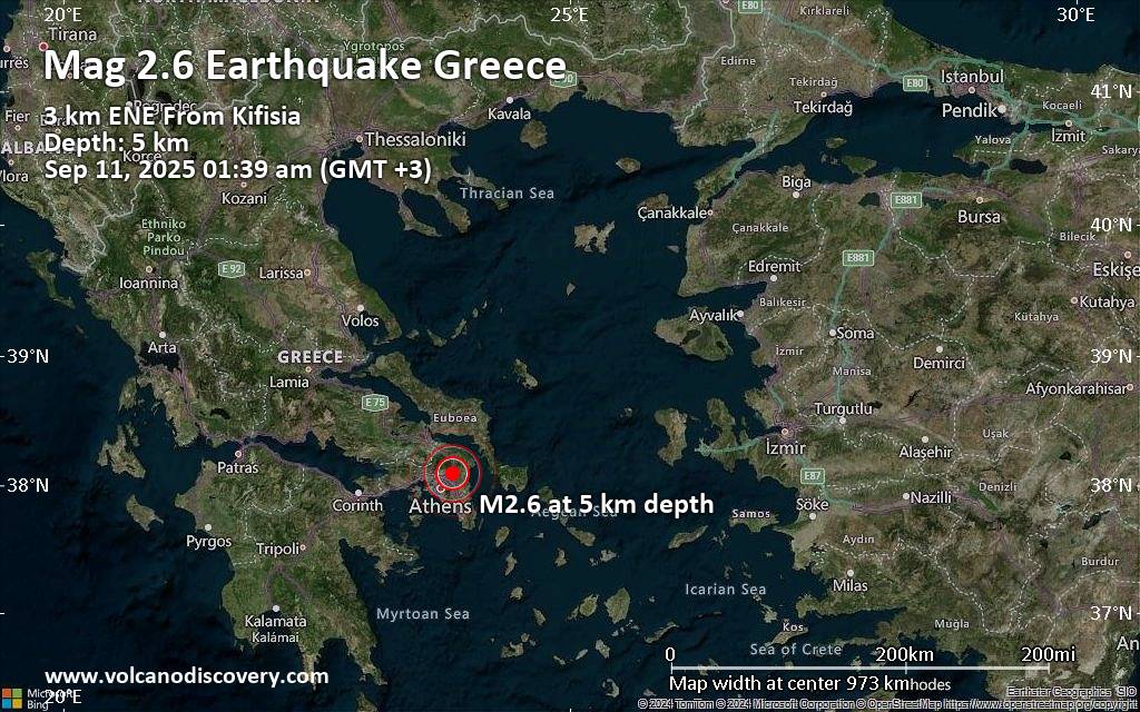 Magnitude 2.6 earthquake strikes near Athens, Nomarchía Athínas, Attica, Greece
