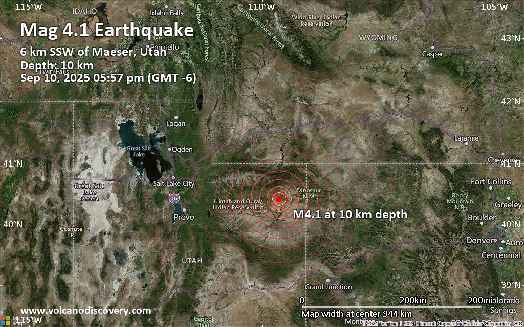 Moderate magnitude 4.1 earthquake 6 miles southwest of Vernal, Utah, United States