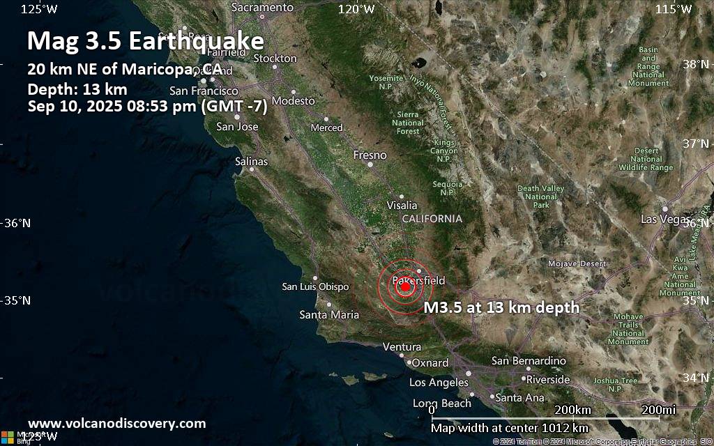 Small earthquake of magnitude 3.5 just reported 18 miles southwest of Bakersfield, California, United States