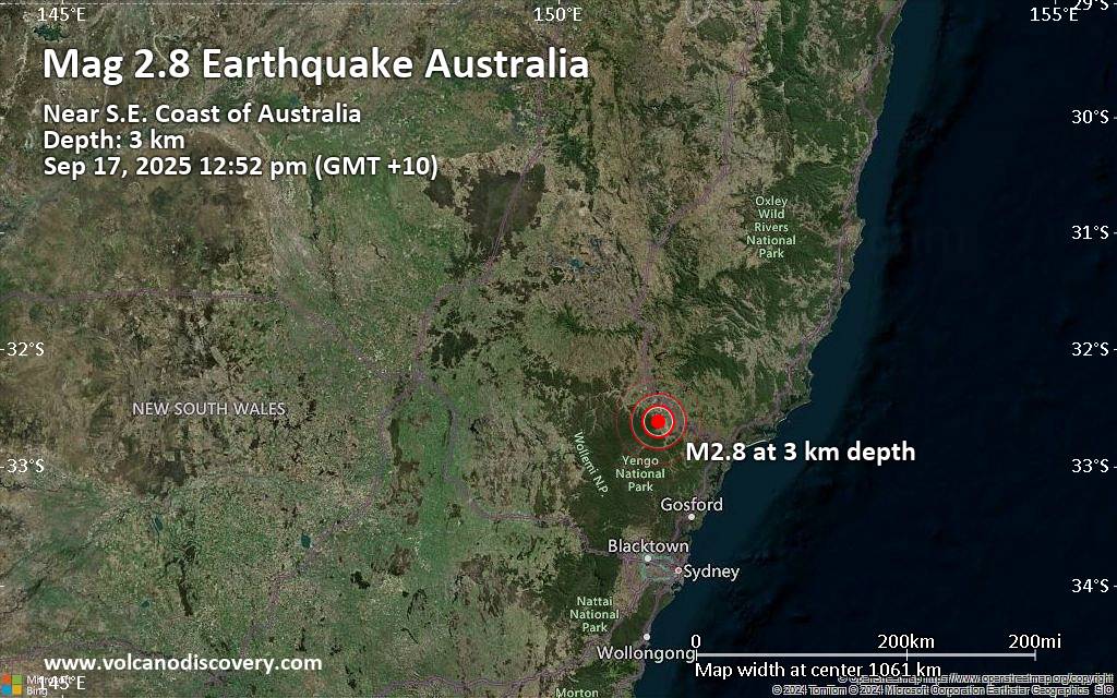 Small magnitude 2.8 quake hits 25 miles northwest of Cessnock, New South Wales, Australia around noon