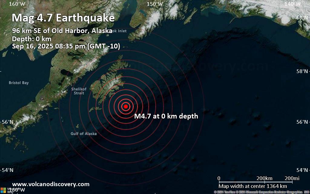 Moderate magnitude 4.7 earthquake 60 miles southeast of Old Harbor, Alaska, United States