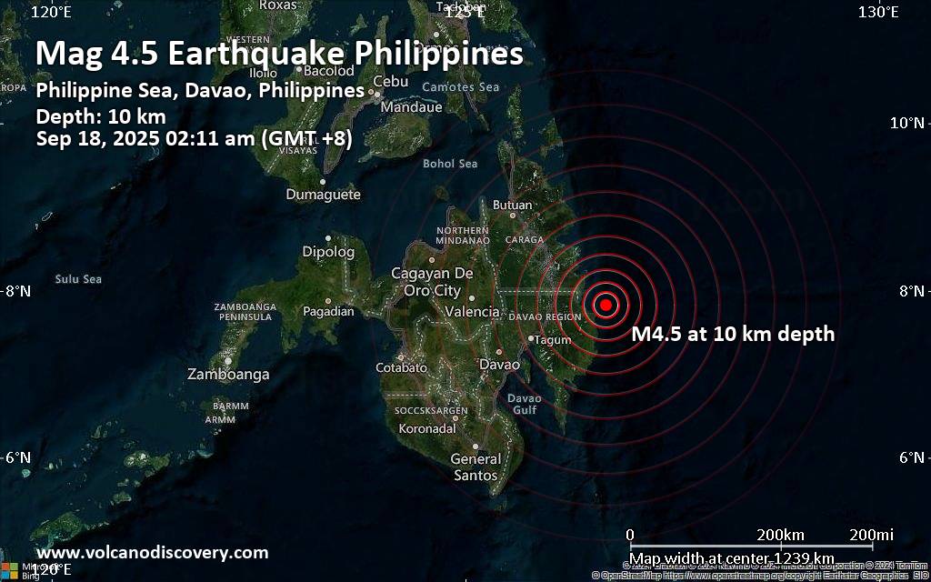 Moderate 4.5 quake hits near Monkayo, Davao de Oro, Davao, Philippines