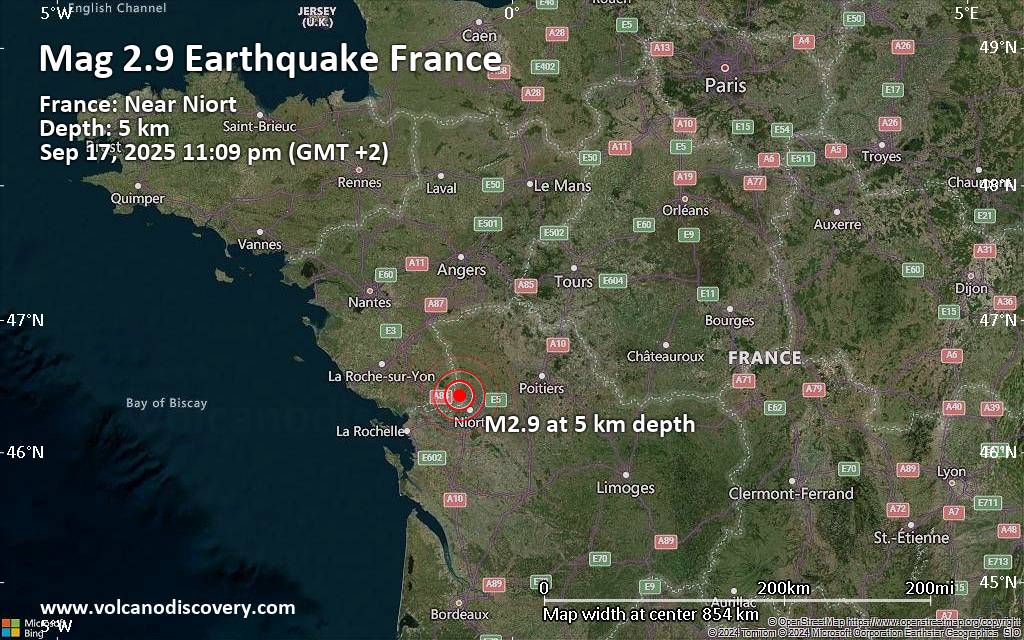 Small 2.9 quake hits near Niort, Deux-Sèvres, Nouvelle-Aquitaine, France