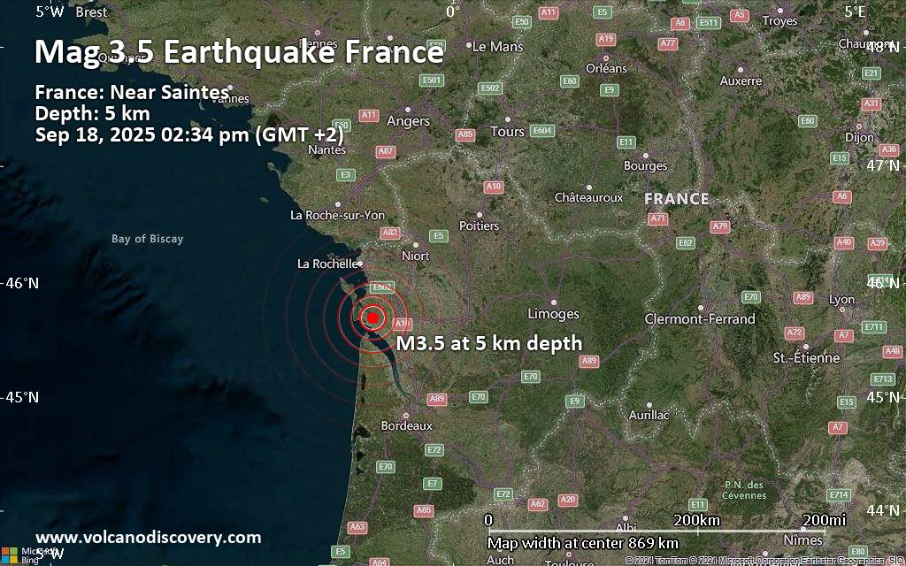 Small magnitude 3.5 earthquake 8 km northeast of Royan, France