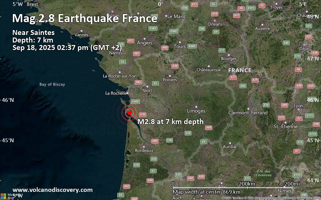 Small magnitude 2.8 quake hits 7 km northwest of Royan, France early afternoon