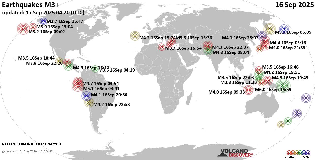 World Earthquake Report for Tuesday, 16 September 2025
