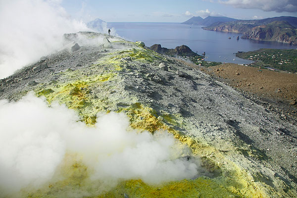 Fumaroles on the crater rim of Fossa volcano, Vulcano 
