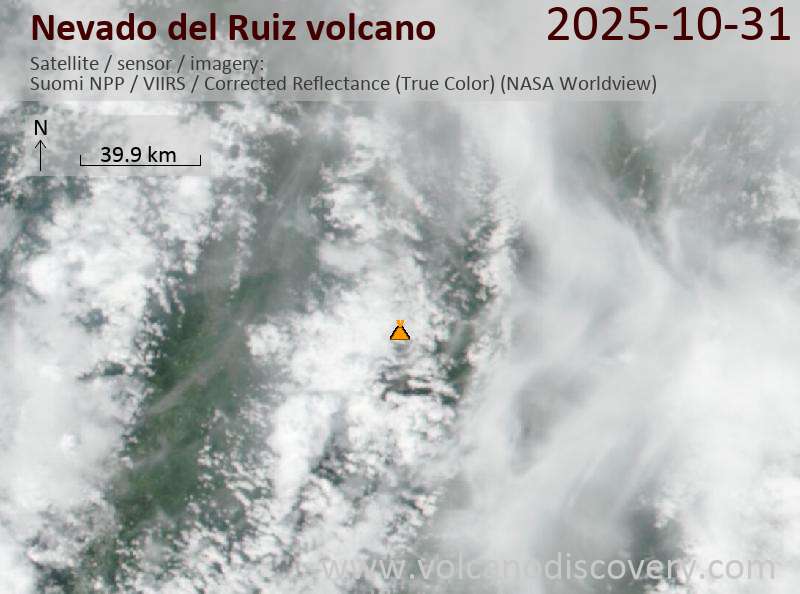 Satellite image of Nevado del Ruiz volcano on 31 Oct 2025