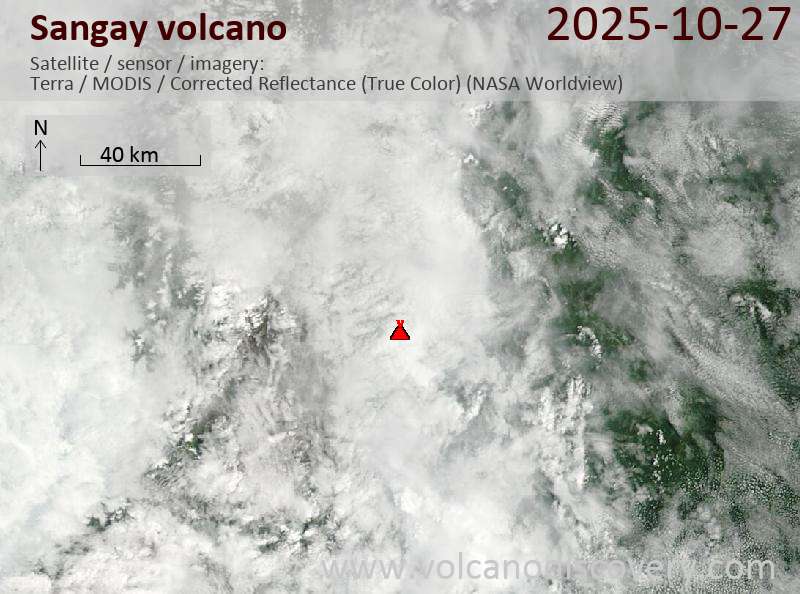 Satellitenbild des Sangay Vulkans am 27 Oct 2025