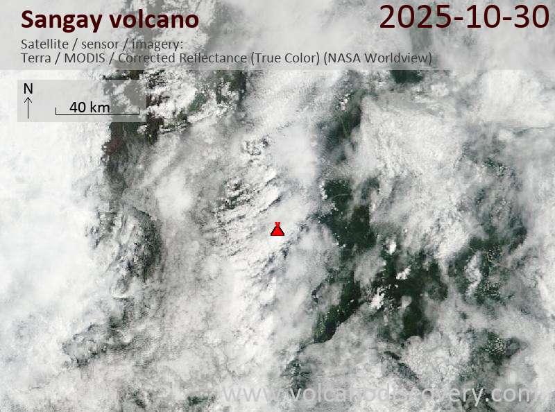 Satellite image of Sangay volcano on 31 Oct 2025