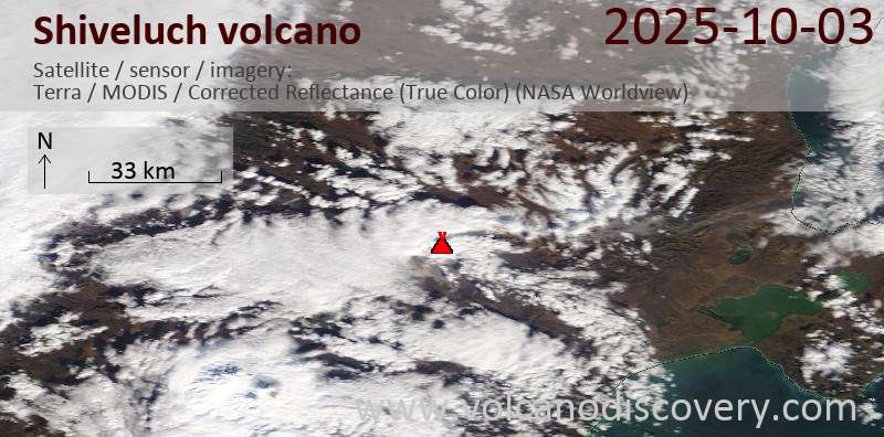 Satellite image of Shiveluch volcano on  3 Oct 2025