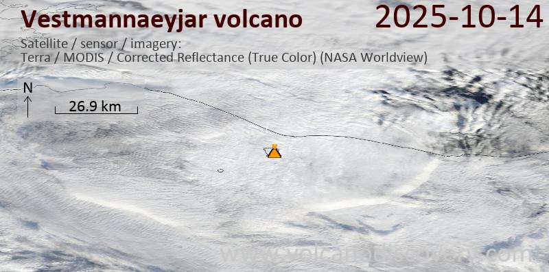 Satellite image of Vestmannaeyjar volcano on 14 Oct 2025