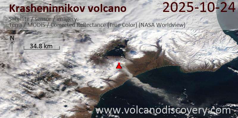 Satellite image of Krasheninnikov volcano on 24 Oct 2025