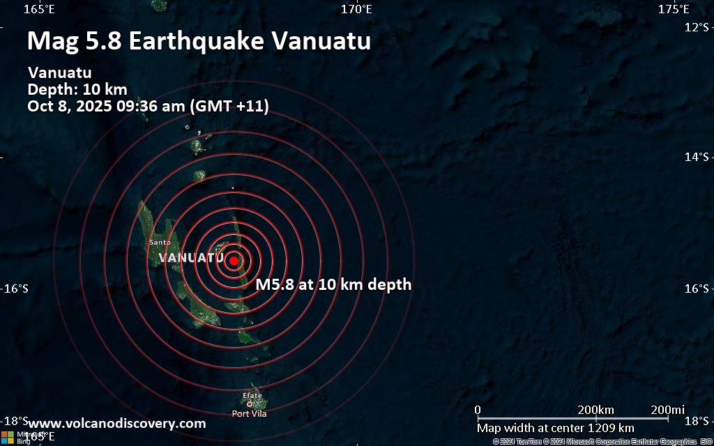 Very strong mag. 6.0 earthquake - Coral Sea, 16 km northwest of Pentecost Island, Penama Province, Vanuatu, on Wednesday, Oct 8, 2025, at 09:36 am (GMT +11) - information