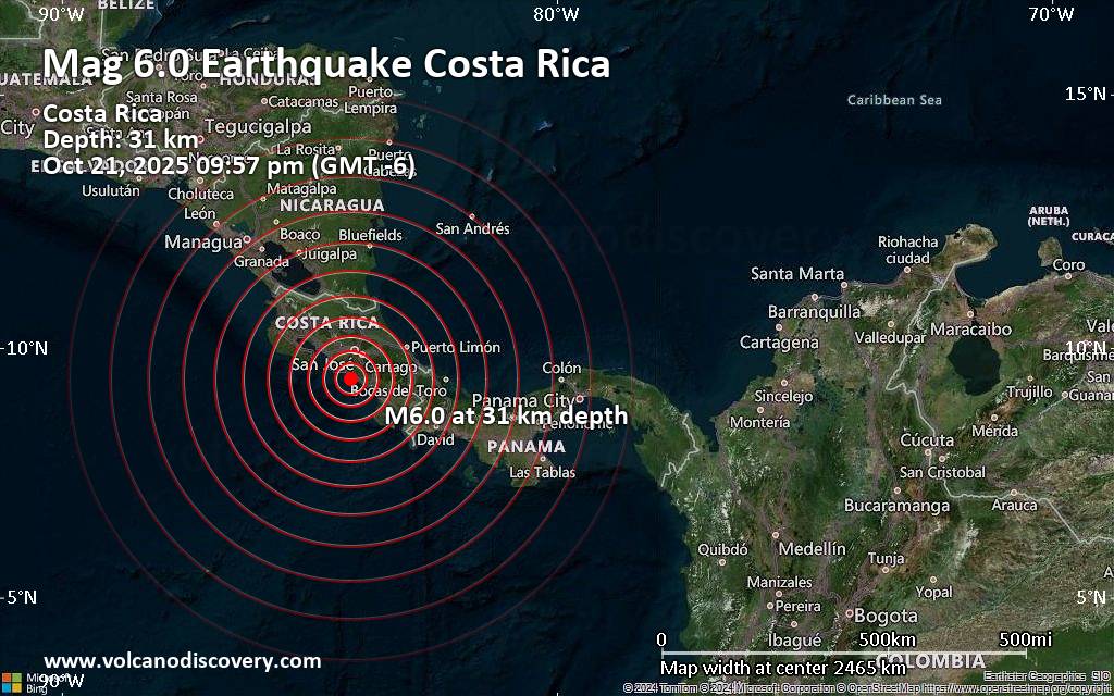 Significant magnitude 6.0 earthquake 62 km south of San Jose, Costa Rica