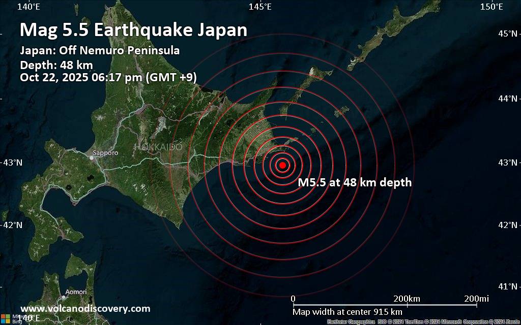 Significant 5.5 quake hits near Nemuro, Nemuro-shi, Hokkaido, Japan