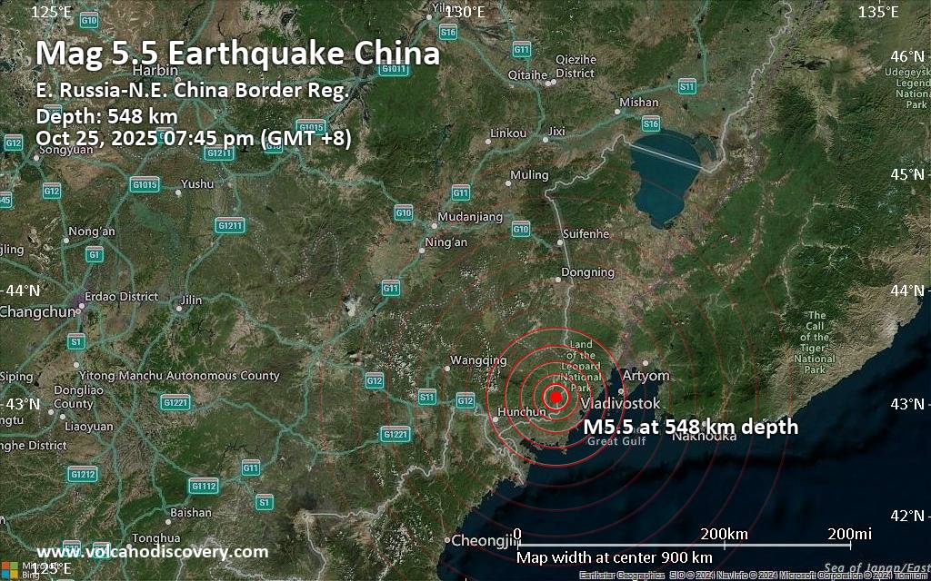 Magnitude 5.5 earthquake strikes near Hunchun, Yanbian Korean Autonomous Prefecture, Jilin, China