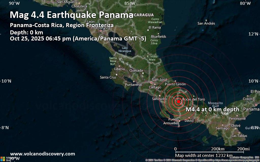 Magnitude 4.4 earthquake strikes near Changuinola, Changuinola District, Provincia de Bocas del Toro, Panama
