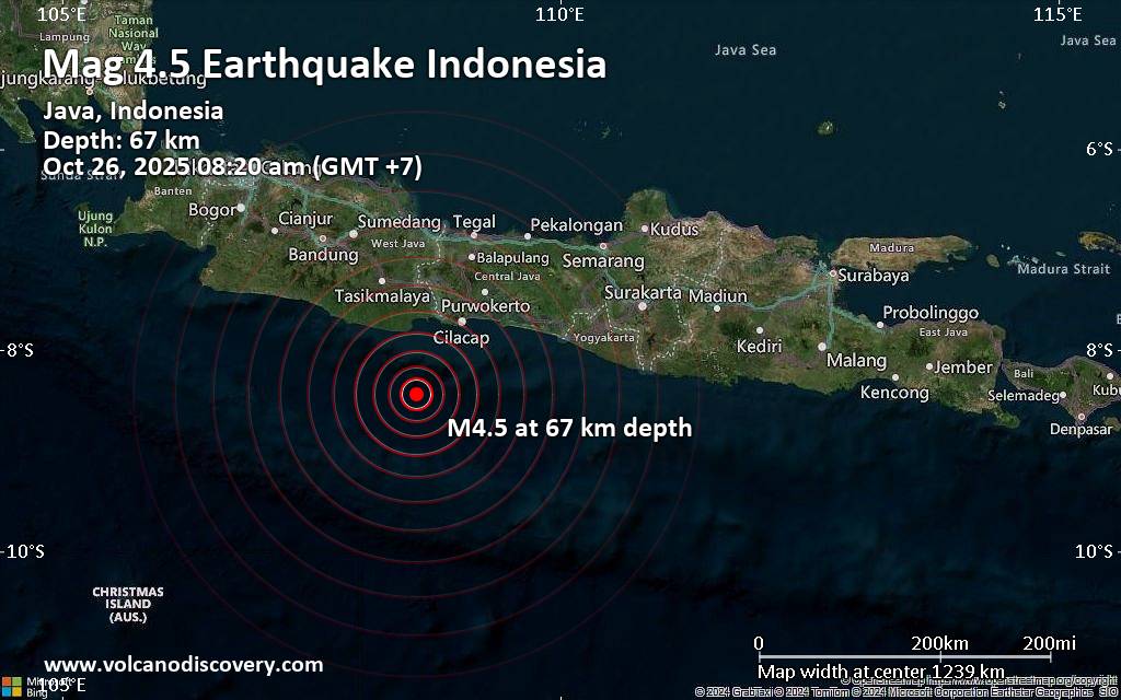 Moderate magnitude 4.5 earthquake 94 km southwest of Cilacap, Indonesia
