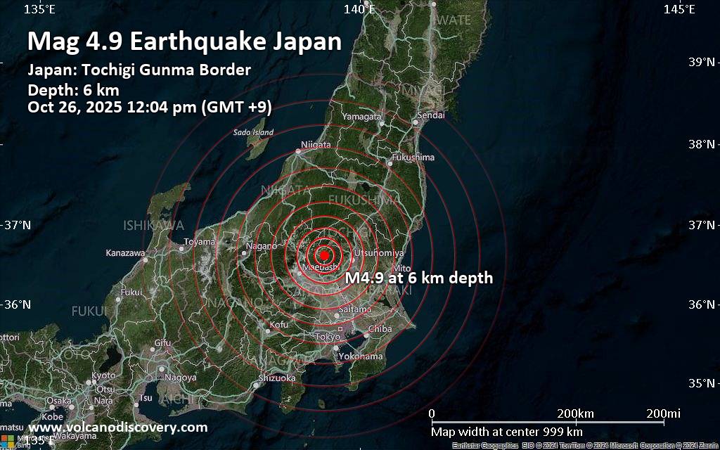 Moderate earthquake of magnitude 4.9 just reported 27 km northeast of Kiryu, Japan