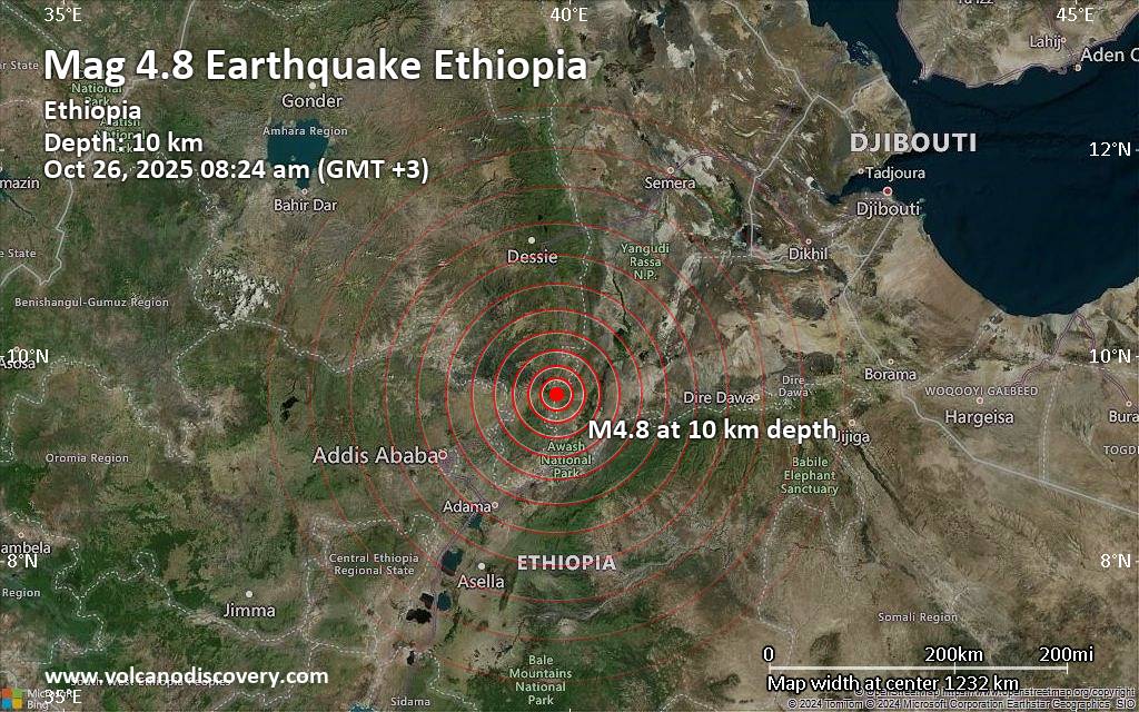 Moderate magnitude 4.8 earthquake 37 km east of Debre Birhan, Ethiopia