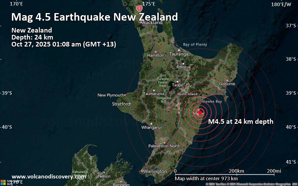 Magnitude 4.5 earthquake strikes near Napier, Napier City, Hawke's Bay, New Zealand