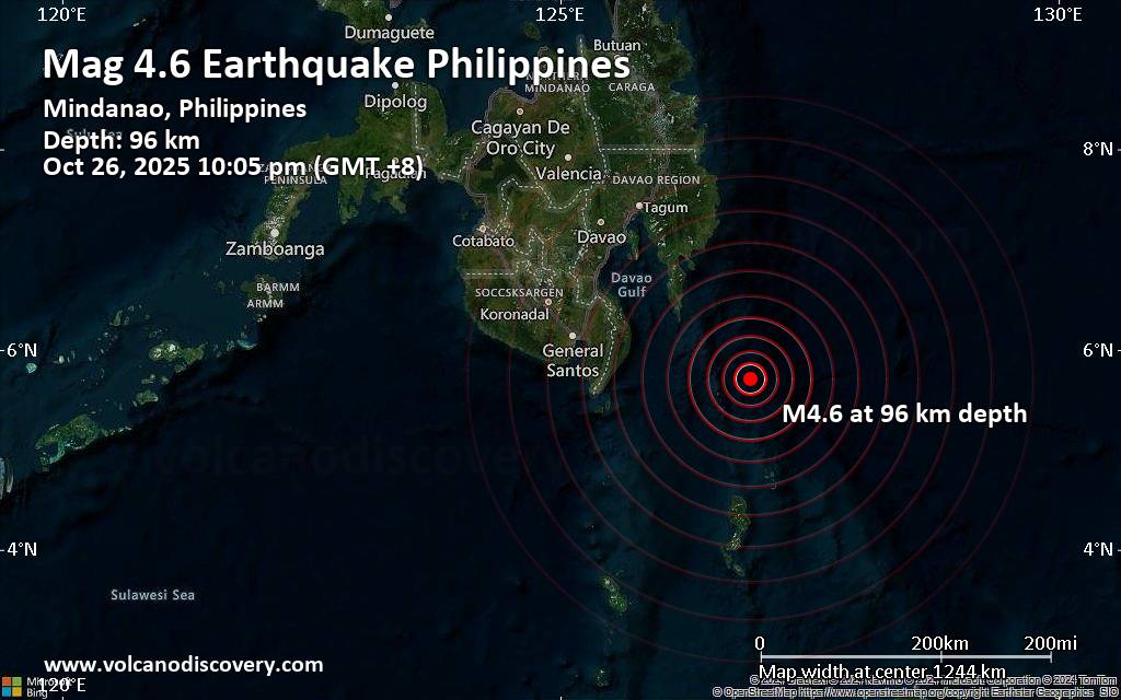Moderate magnitude 4.6 quake hits 109 km southeast of Pondaguitan, Philippines late at night