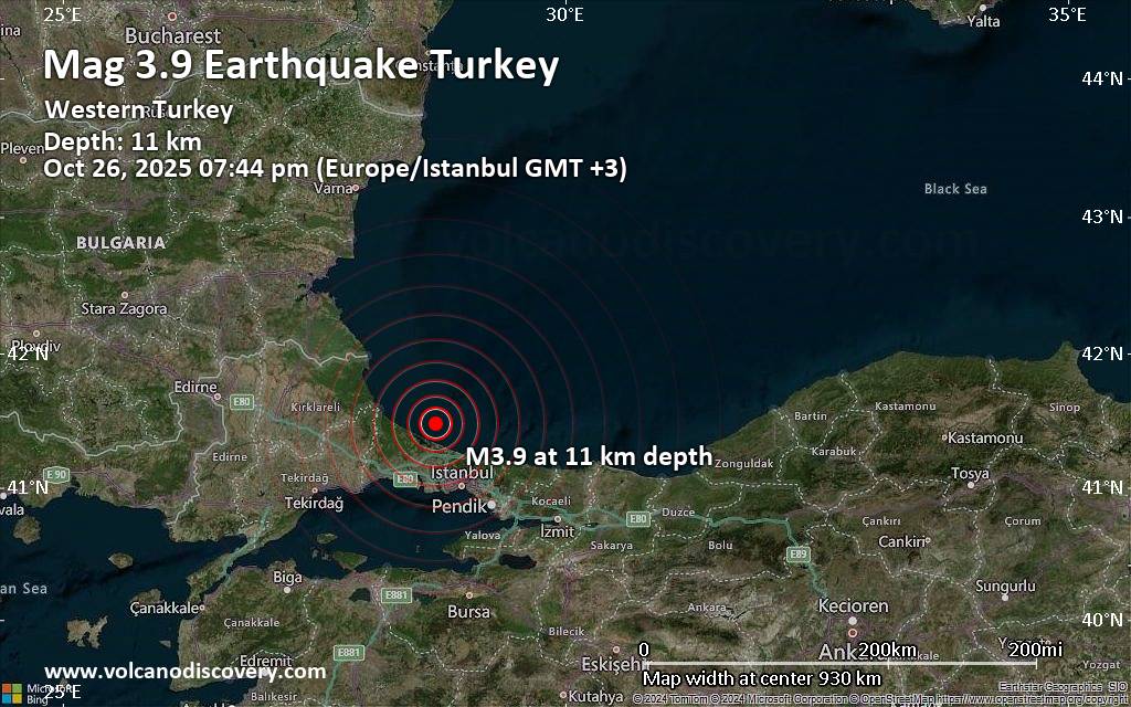 Small magnitude 3.9 earthquake 33 km north of Arnavutkoey, Turkey