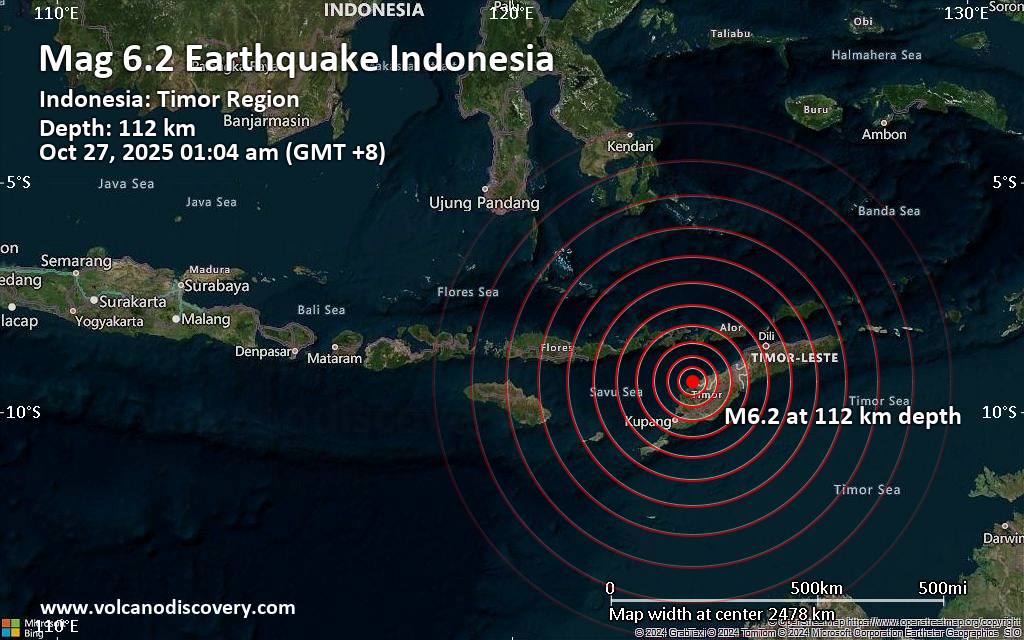 Significant magnitude 6.2 quake hits 57 km northwest of Kefamenanu, Indonesia early morning